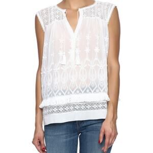 Ulla Johnson Elise Top 100% Silk Georgette Tie V-Neck Lace Floral White 0 XS